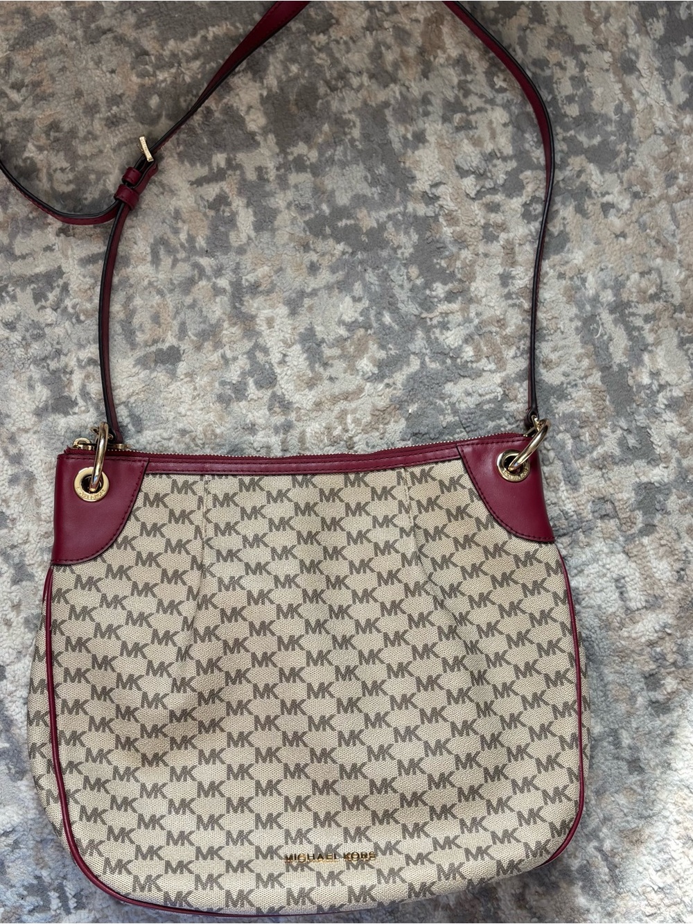 Michael Kors Beige MK Logo Shoulder Bag with Burgundy Trim